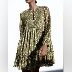 Zara Olive Floral Long Sleeve Dress